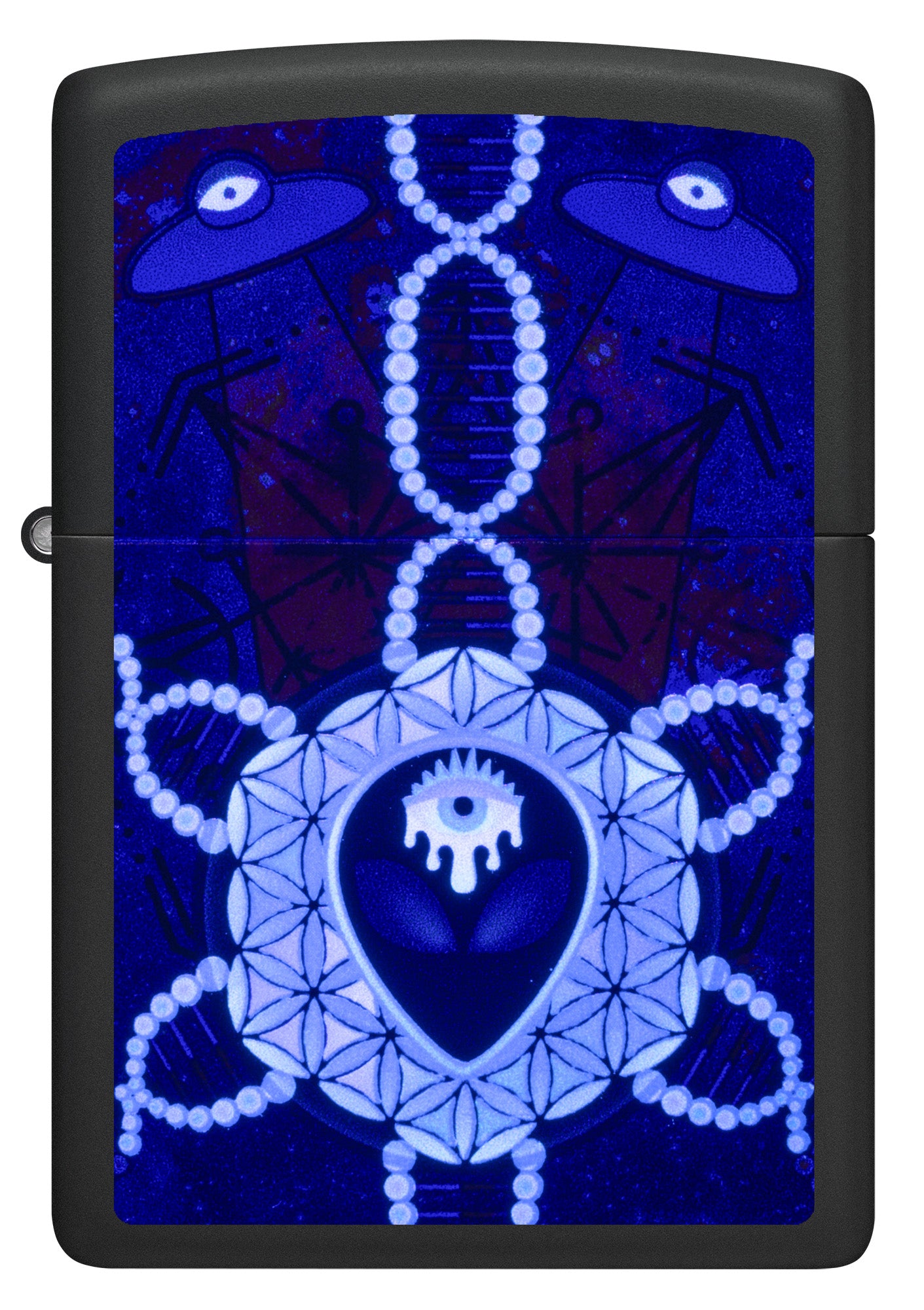 Front view of Zippo All Seeing Alien Design Black Matte Windproof Lighter glowing in the dark.