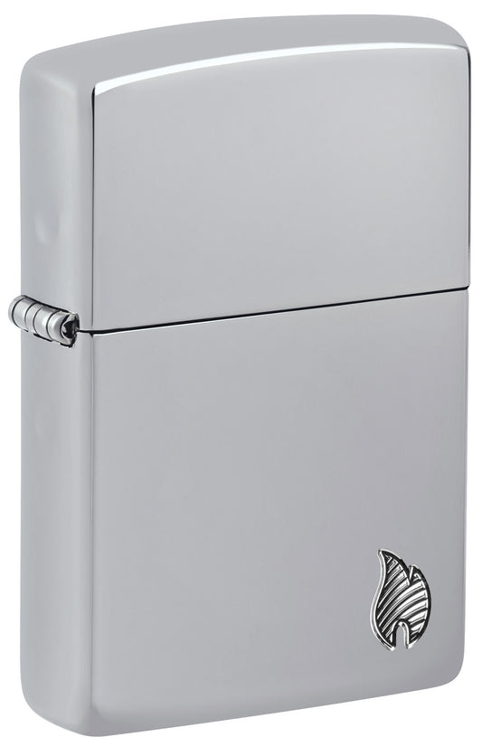 Front shot of Zippo ArmorÂ® Series Flame High Polish Chrome Windproof Lighter standing at a 3/4 angle.