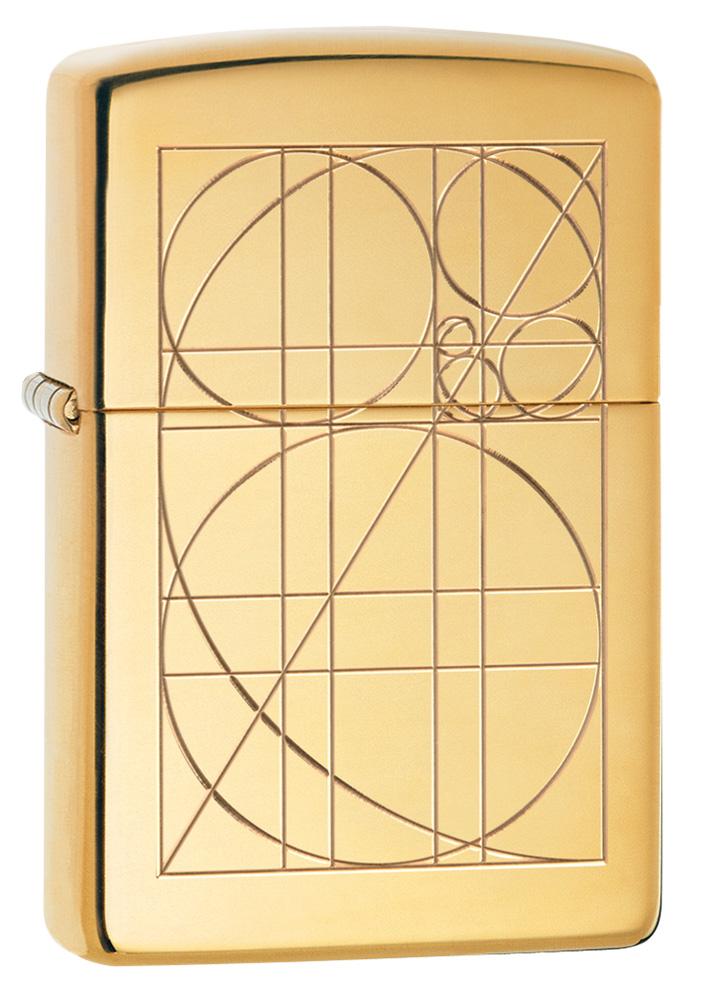 Front view of Golden Ratio ArmorÂ® High Polish Brass Windproof Lighter standing at a 3/4 angle