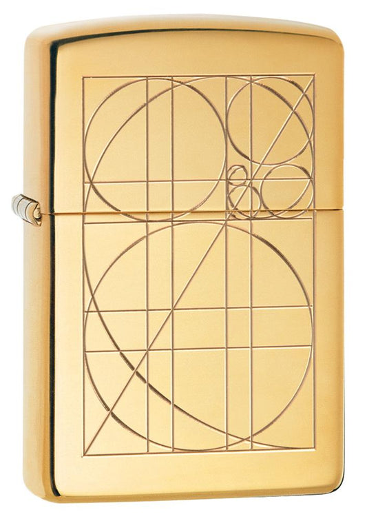Front view of Golden Ratio ArmorÂ® High Polish Brass Windproof Lighter standing at a 3/4 angle