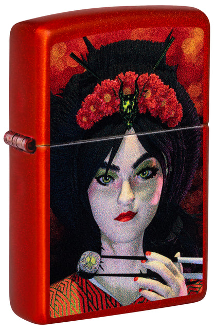 Front shot of Zippo Dinner for Two Design Metallic Red Windproof Lighter standing at a 3/4 angle.




