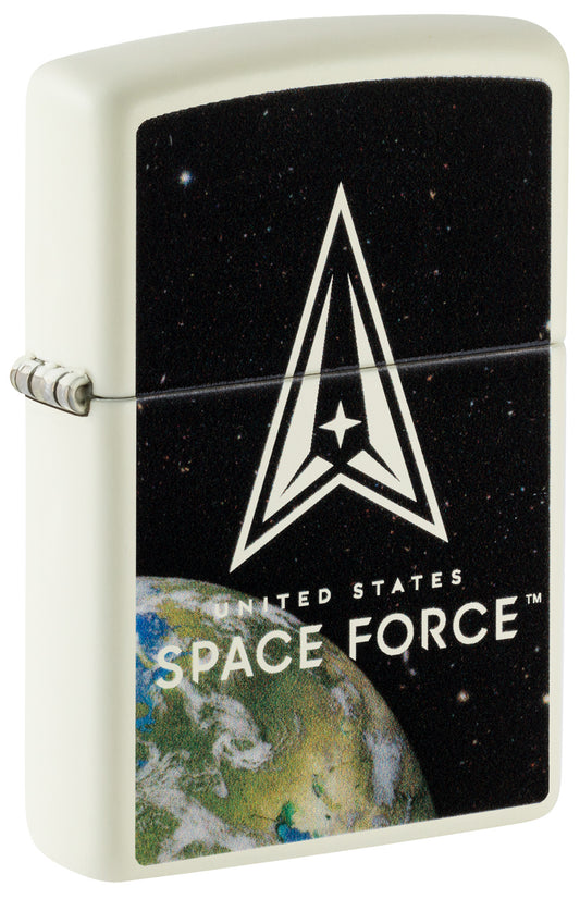 Front shot of Zippo U.S. Space Forceâ„¢ Glow in the Dark Windproof Lighter standing at a 3/4 angle.
