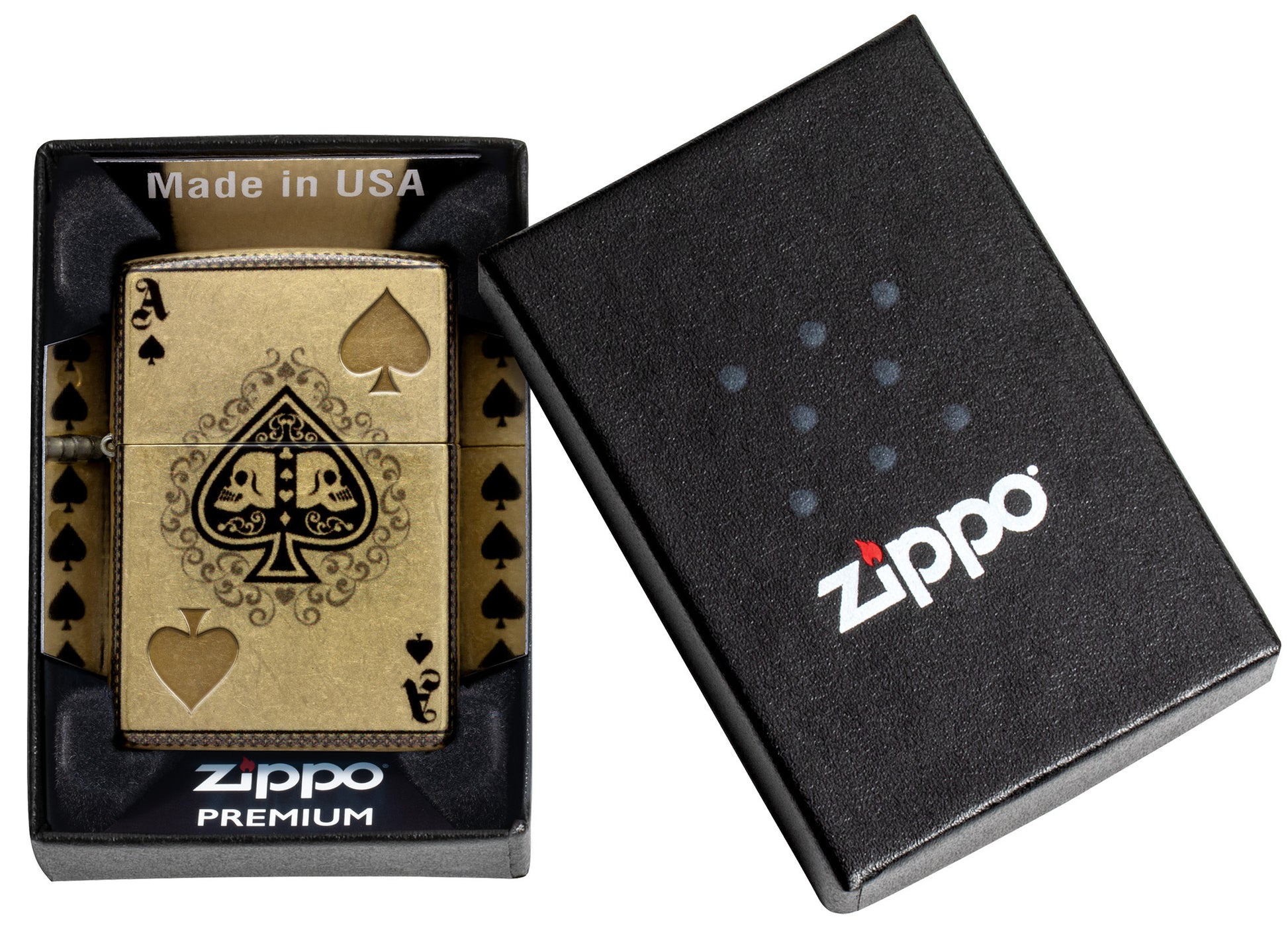 Zippo Ace of Skulls Design 540 Tumbled Brass Windproof Lighter in its packaging.