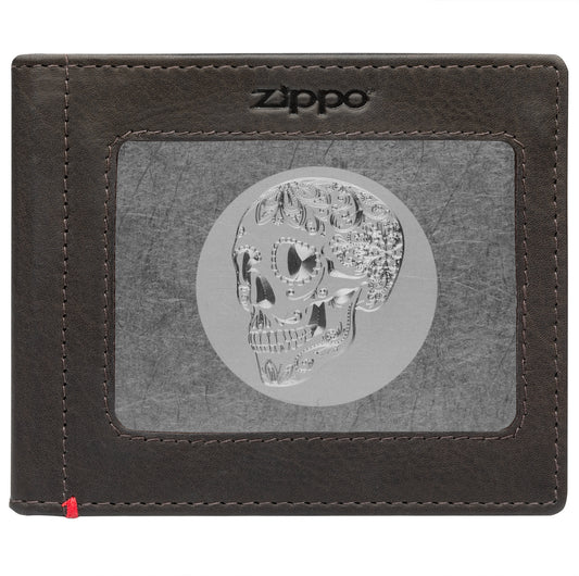 Front of mocha Leather Wallet With Skull Metal Plate - ID Window