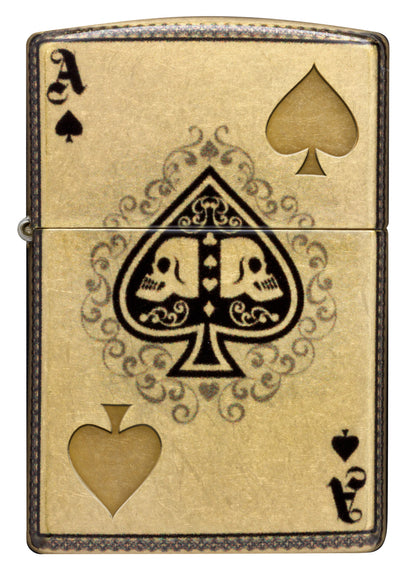 Front view of Zippo Ace of Skulls Design 540 Tumbled Brass Windproof Lighter.