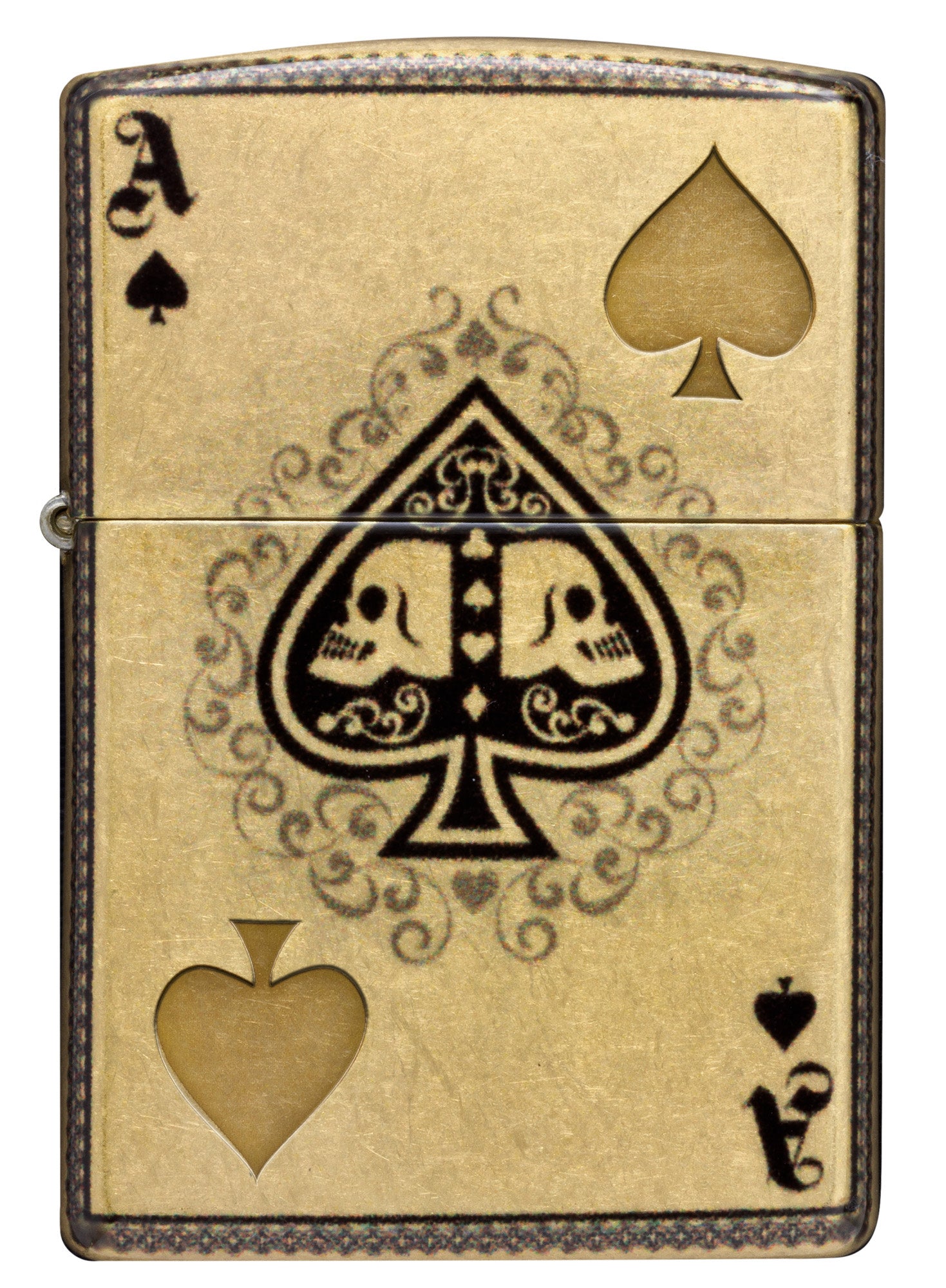 Front view of Zippo Ace of Skulls Design 540 Tumbled Brass Windproof Lighter.