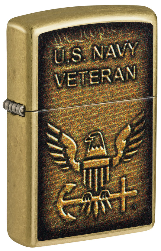 Front shot of Zippo United States NavyÂ® Street Brass Windproof Lighter standing at a 3/4 angle.