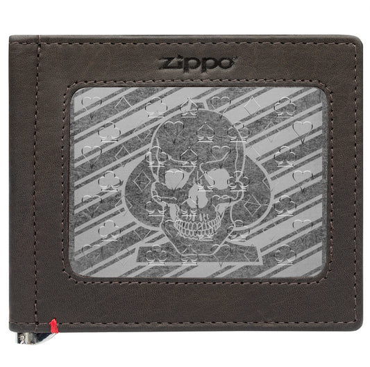 Front of mocha Leather Wallet With Spade Skull Metal Plate - ID Window
