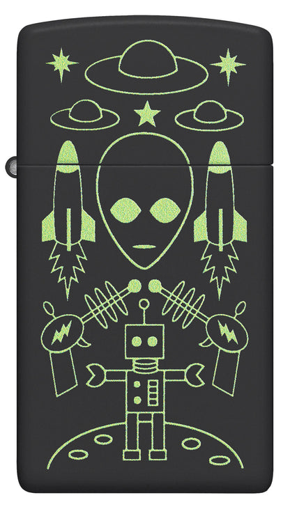 Front view of Zippo Alien Invasion Design SlimÂ® Black Matte Windproof Lighter.
