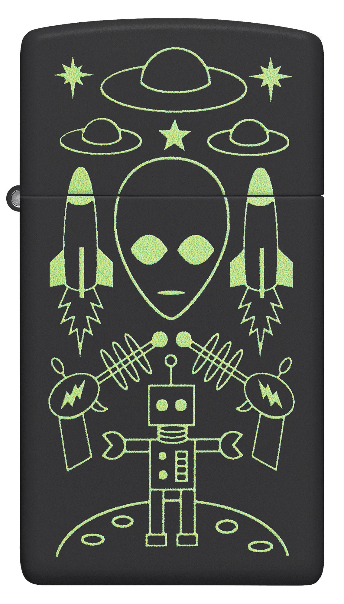 Front view of Zippo Alien Invasion Design SlimÂ® Black Matte Windproof Lighter.