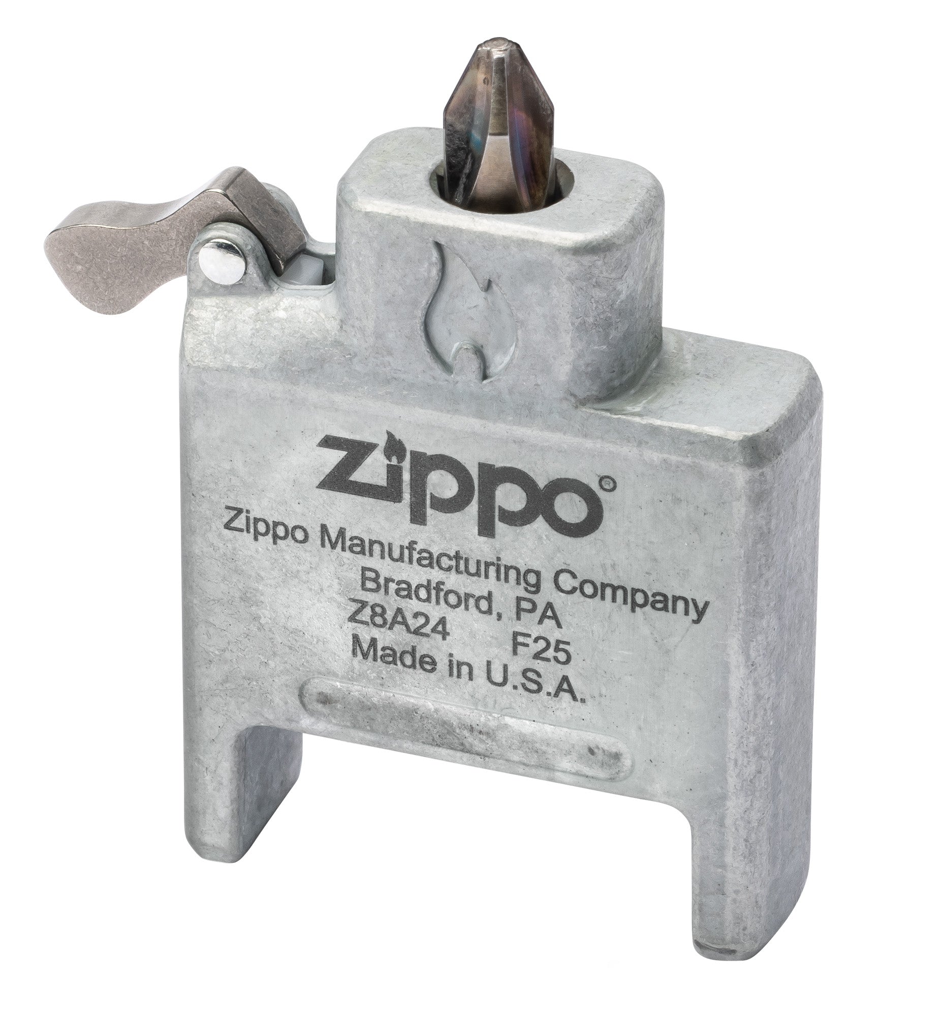 Zippo Bit Safe USA 4-in-1 Screwdriver Lighter Insert standing at a 3/4 angle with the Phillips head.