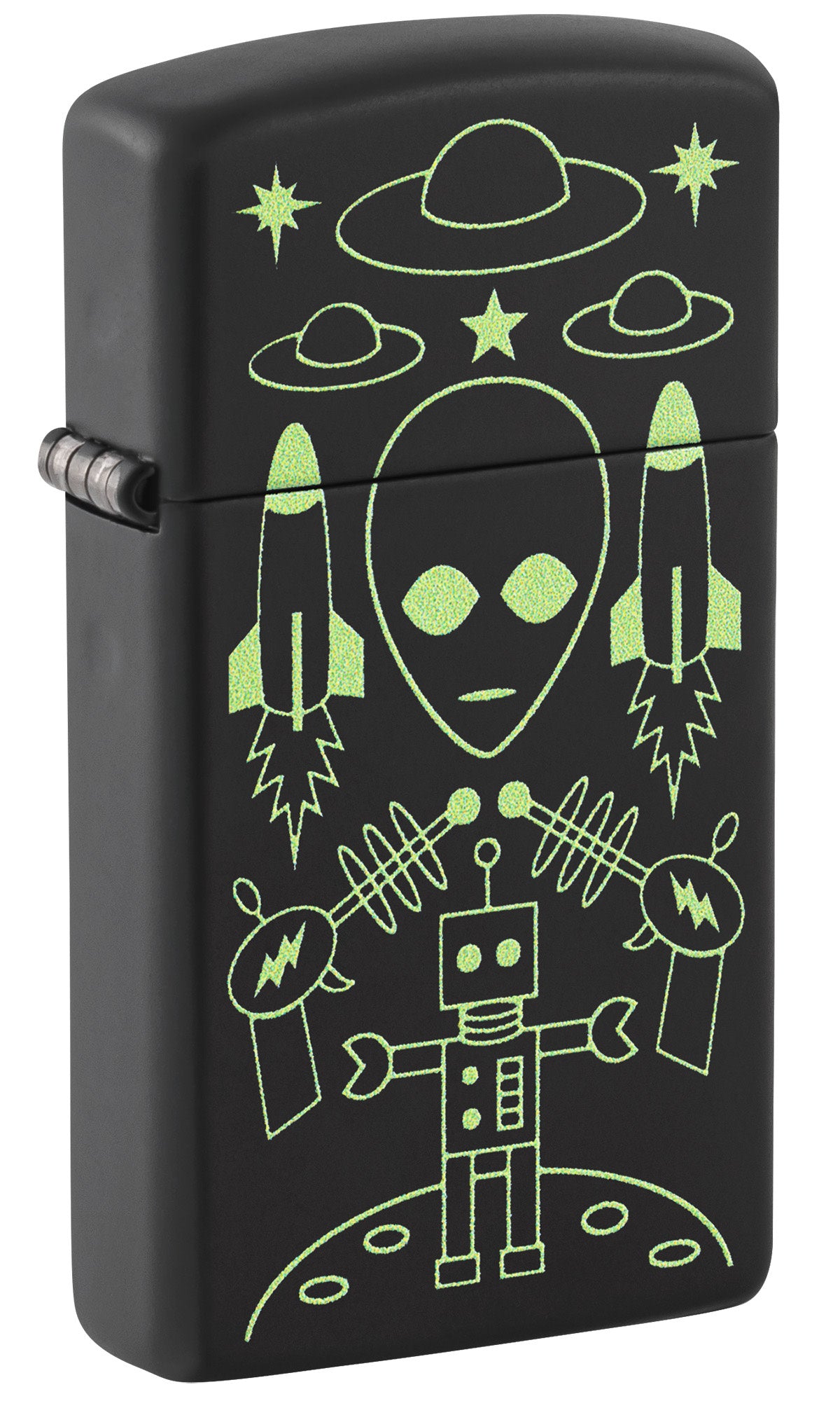 Front shot of Zippo Alien Invasion Design SlimÂ® Black Matte Windproof Lighter standing at a 3/4 angle.
