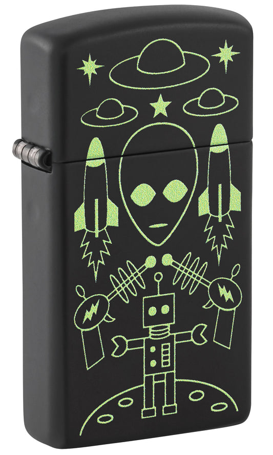Front shot of Zippo Alien Invasion Design SlimÂ® Black Matte Windproof Lighter standing at a 3/4 angle.