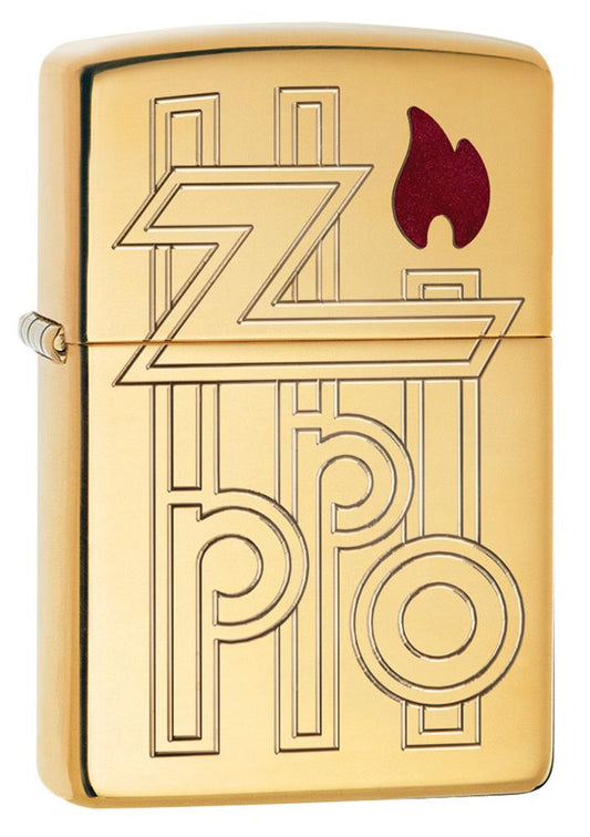 Front view of ArmorÂ® High Polished Brass Abstract Zippo Logo Windproof Lighter standing at a 3/4 angle