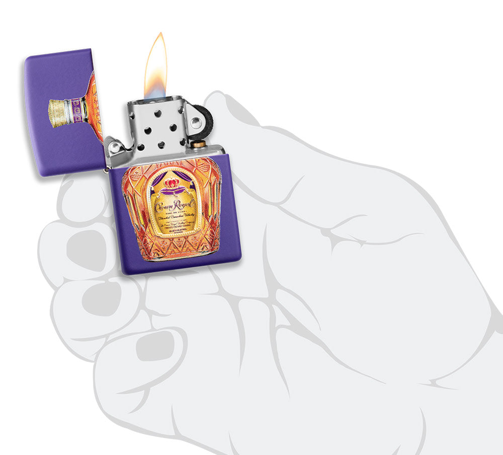 Crown RoyalÂ® Purple Matte Windproof Lighter lit in hand.