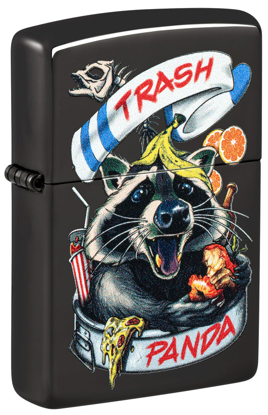 Front shot of Zippo Masked Bandit Design Ebony Windproof Lighter standing at a 3/4 angle.