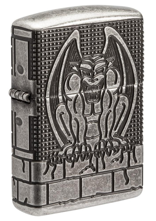 Front of ArmorÂ® Antique Silver Gargoyle Windproof Lighter standing at a 3/4 angle
