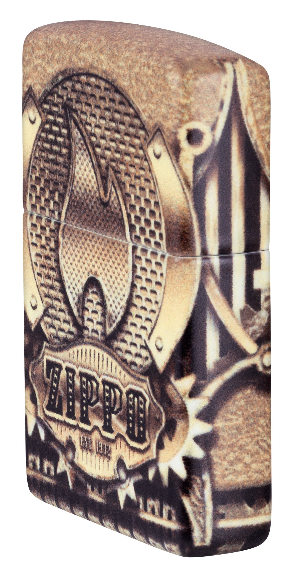 Front Side View of Zippo Glowing Gears Design Glow in the Dark Windproof Lighter at 3/4 angle