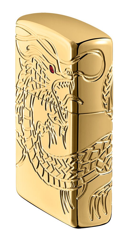 Angled shot of ArmorÂ® Asian Dragon 360-Degree Gold-Plate Windproof Lighter, standing at an angle showing the front and right side of the lighter